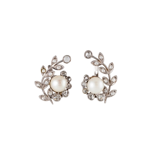 116 - A PAIR OF PEARL AND DIAMOND EARRINGS, the central pearls to naturalistic rose cut diamond surrounds,... 