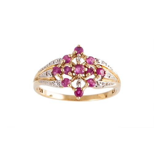 118 - A RUBY AND DIAMOND DRESS RING, the circular rubies to diamond set shoulders, mounted in 9ct yellow g... 