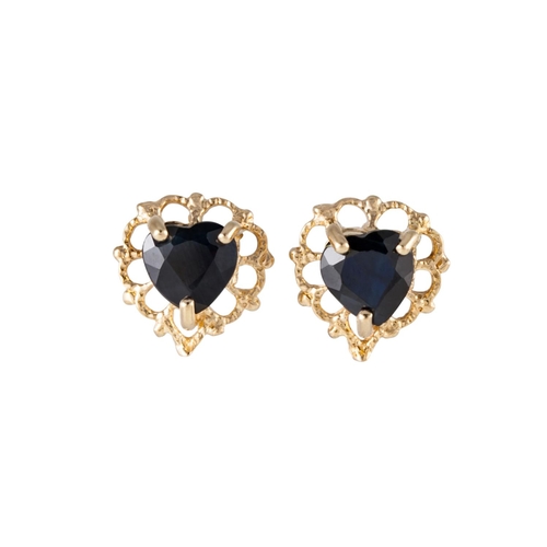 120 - A PAIR OF SAPPHIRE EARRINGS, the heart shaped sapphires to 9ct yellow gold surrounds