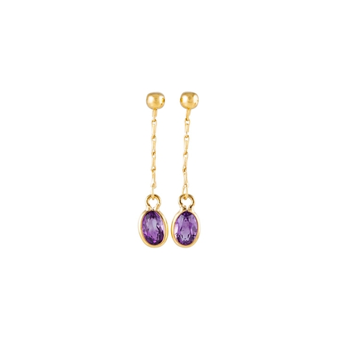 121 - A PAIR OF AMETHYST DROP EARRINGS, the oval amethysts collet set, suspended from 18ct yellow gold cha... 