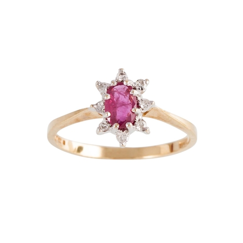 125 - A RUBY AND DIAMOND CLUSTER RING, the oval ruby to an eight cut diamond surround, mounted in 9ct gold... 