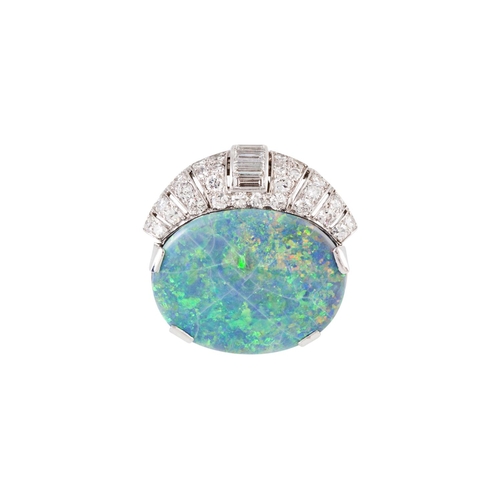 128 - A VERY FINE QUALITY ART DECO CARTIER OPAL AND DIAMOND BROOCH, the black opal with baguette and brill... 