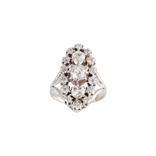 136 - A DIAMOND CLUSTER RING, of navette form, set with old cut diamonds, mounted in 18ct white gold. Esti... 