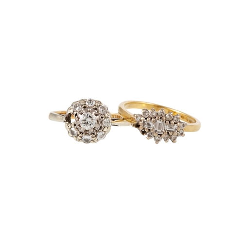 155 - TWO VINTAGE DIAMOND SET CLUSTER RINGS, mounted in 18ct yellow gold (stones deficient)