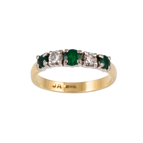 157 - A DIAMOND AND EMERALD FIVE STONE RING, set with brilliant cut diamonds and circular emeralds, mounte... 