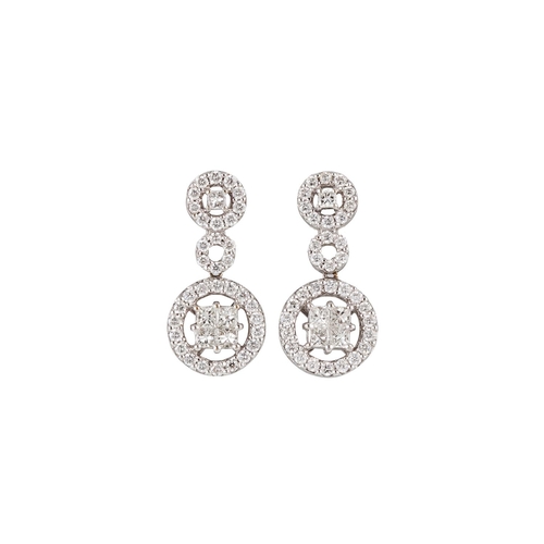 168 - A PAIR OF DIAMOND CLUSTER DROP EARRINGS, set with brilliant and princess cut diamonds, mounted in wh... 