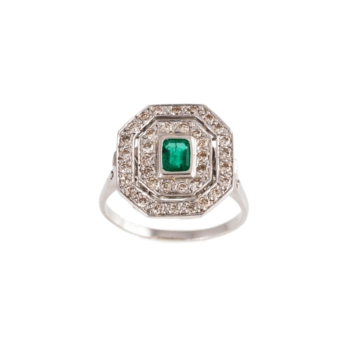 178 - AN EMERALD AND DIAMOND CLUSTER RING, the octagonal cut emerald to a two rowed diamond surround, moun... 