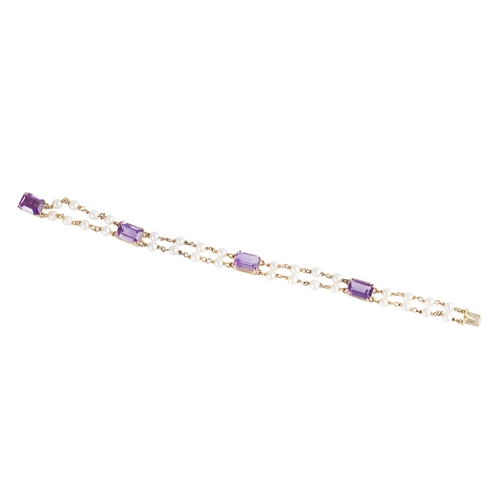 2 - AN AMETHYST AND SEED PEARL BRACELET, comprising four trap cut amethysts linked by seed pearl and cha... 