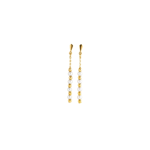 21 - A PAIR OF SEED PEARL DROP EARRINGS, with gold beaded decoration and chain link