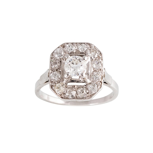 56 - AN ART DECO DIAMOND PLAQUE RING, set with old cut diamonds, mounted in white metal. Estimated; weigh... 