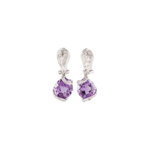 71 - A PAIR OF DIAMOND AND AMETHYST DROP EARRINGS, the mixed cut amethysts with diamond detail, suspended... 