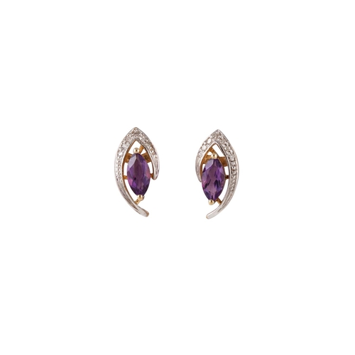 77 - A PAIR OF AMETHYST AND DIAMOND CLUSTER EARRINGS, the marquise cut amethysts to shaped diamond surrou... 