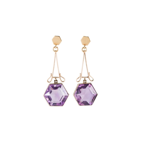 8 - A PAIR OF AMETHYST DROP EARRINGS, the hexagonal amethysts suspended from shaped openwork panels, yel... 