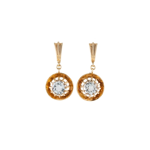 80 - A PAIR OF VINTAGE AQUAMARINE DROP EARRINGS, the circular stones to 14ct yellow gold openwork surroun... 