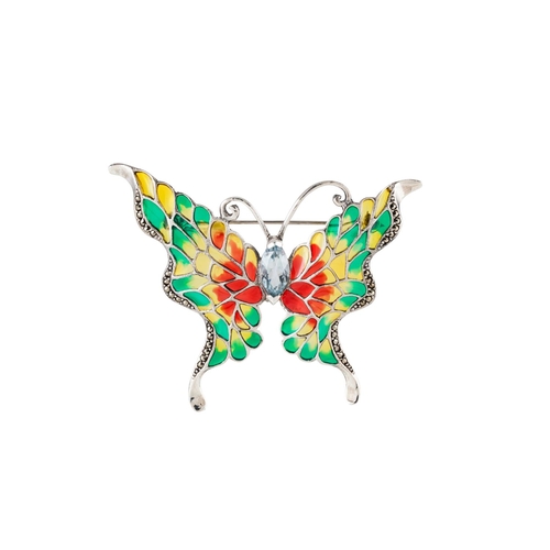 83 - A SILVER BUTTERFLY BROOCH, with window enamel