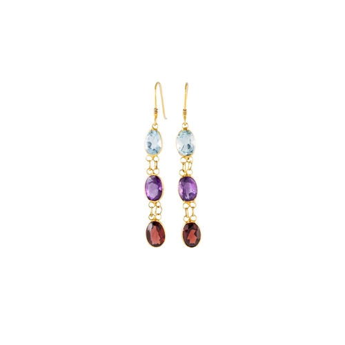 88 - A PAIR OF AMETHYST, TOPAZ AND GARNET DROP EARRINGS, each comprising three oval drops, mounted in 18c... 