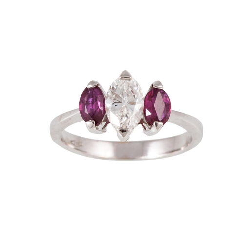 94 - A DIAMOND AND RUBY THREE STONE RING, set with a marquise cut diamond, flanked by two marquise cut ru... 