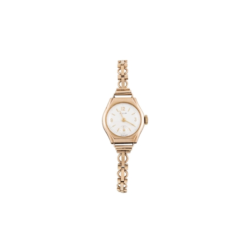 476 - AN AVIVA 9CT GOLD LADIES WATCH with 9ct gold bracelet strap, separate minute dial, gross weight 16.2... 