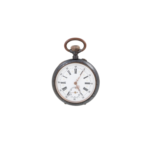 12 - AN ANTIQUE IRON CLAD POCKET WATCH, Roman numerals
