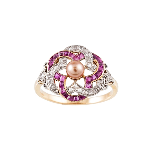 244 - AN ANTIQUE PEARL, DIAMOND AND RUBY RING, the central pearl to intertwined diamond and ruby set trifo... 