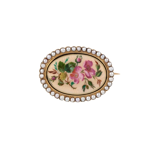 246 - A VICTORIAN PEARL AND ENAMEL FLORAL BROOCH, the enamel decoration within a pearl border, mounted in ... 