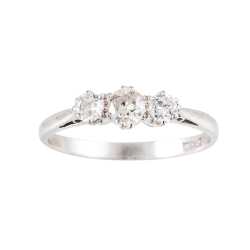 250 - A THREE STONE DIAMOND RING, the three graduated old cut stones, mounted in 18ct white gold. Estimate... 