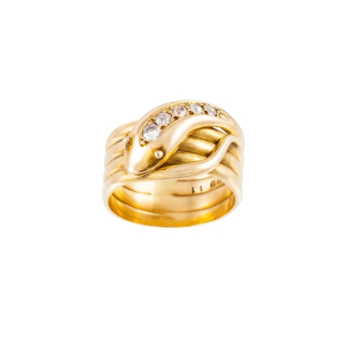 252 - AN ANTIQUE DIAMOND SET COILED SNAKE RING, set with old cut diamonds, mounted in 18ct gold. Estimated... 