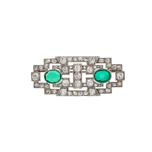 381 - AN ART DECO DIAMOND AND EMERALD BROOCH, of geometric design, set with two oval emeralds and old cut ... 