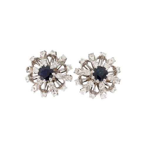 103 - A PAIR OF DIAMOND AND SAPPHIRE CLUSTER EARRINGS, the circular sapphires to diamond set basket settin... 