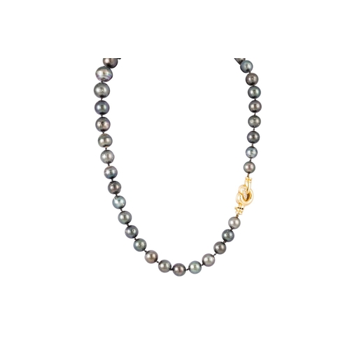 105 - A CULTURED PEARL NECKLACE, the graduating grey tones pearls to an 18ct gold diamond set clasp