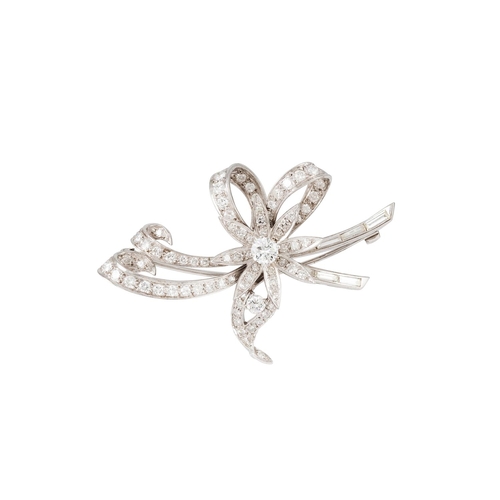 108 - A VINTAGE DIAMOND SPRAY BROOCH, c. 1960's, modelled as a bow, set with brilliant and baguette cut di... 