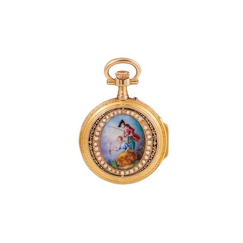 116 - AN ENAMEL AND SEED PEARL SET POCKET WATCH, depicting a classical scene, in 18ct gold