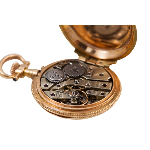 116 - AN ENAMEL AND SEED PEARL SET POCKET WATCH, depicting a classical scene, in 18ct gold