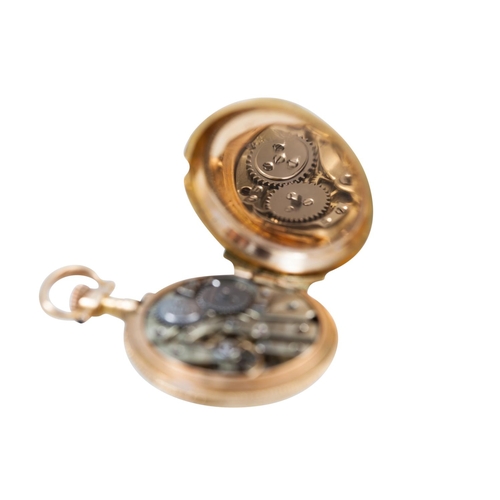 116 - AN ENAMEL AND SEED PEARL SET POCKET WATCH, depicting a classical scene, in 18ct gold