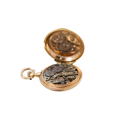 116 - AN ENAMEL AND SEED PEARL SET POCKET WATCH, depicting a classical scene, in 18ct gold