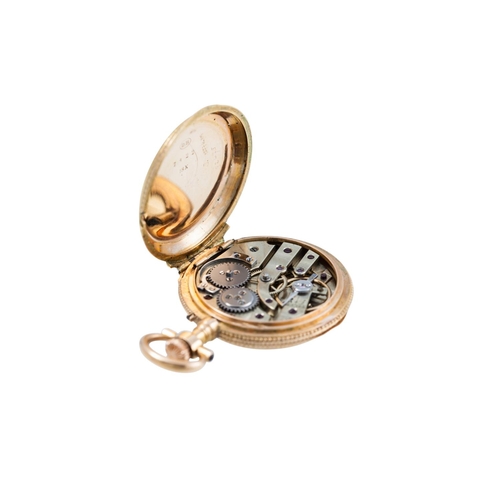 116 - AN ENAMEL AND SEED PEARL SET POCKET WATCH, depicting a classical scene, in 18ct gold