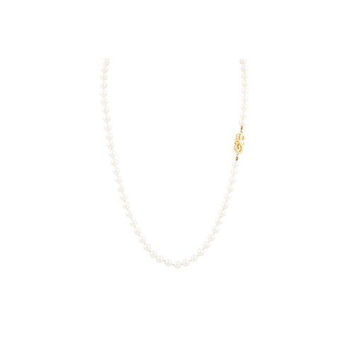 122 - A  MIKIMOTO CULTURED PEARL NECKLACE, with an 18ct yellow gold clasp, chased and engraved decoration ... 