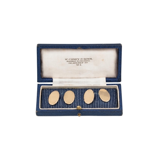 130 - A PAIR OF ANTIQUE GOLD CUFFLINKS, oval plaques, boxed.