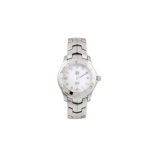 134 - A GENT'S TAG HEUER WRIST WATCH, diamonds and mother of pearl dial, stainless steel bracelet, boxed.