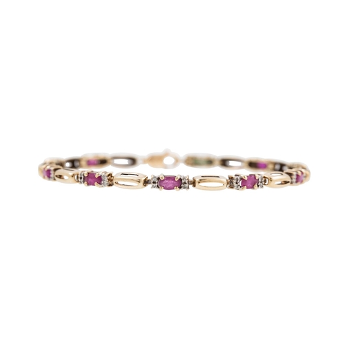 140 - A RUBY AND DIAMOND BRACELET, the oval rubies flanked by circular diamonds, mounted in 9ct yellow gol... 