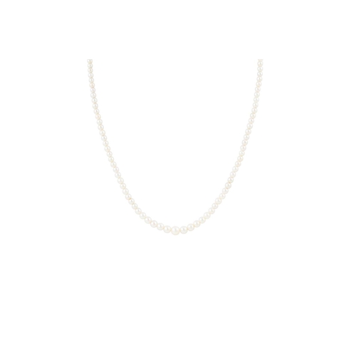 173 - A PEARL NECKLACE, the graduating pearls measuring 2.5 - 5 mm, to an 18ct gold diamond set boat shape... 