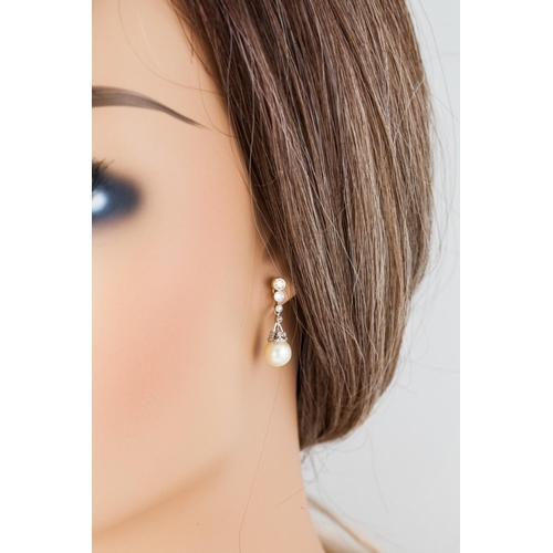 175 - A PAIR OF DIAMOND AND PEARL DROP EARRINGS, the pearl drops removable, mounted in 14ct and 18ct gold.... 