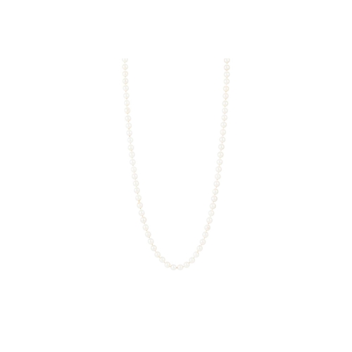 190 - A CULTURED PEARL NECKLACE, the cream toned uniform pearls to a diamond set bow clasp, 30''