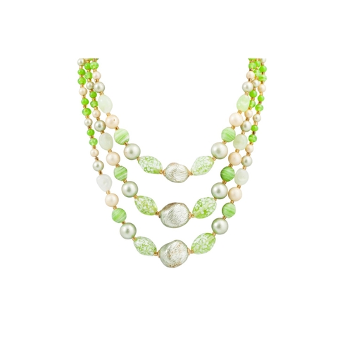 198 - A VINTAGE 'CORO' 1950'S NECKLACE, together with a gold toned mesh lined necklace, green beaded neckl... 