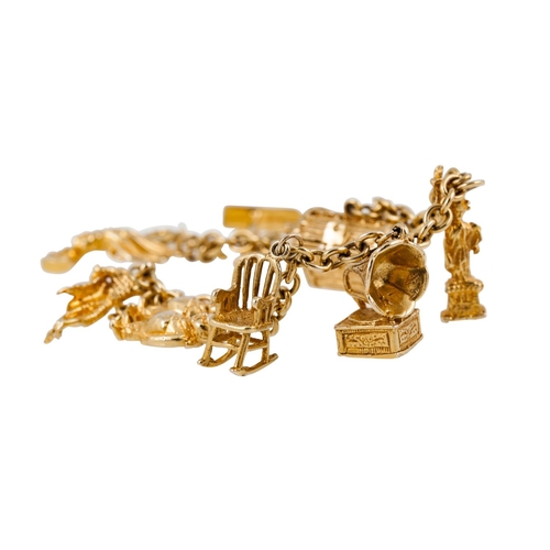 217 - A 10CT YELLOW GOLD CHARM BRACELET with eight 10ct yellow gold charms attached 36 g.