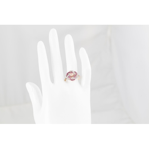 244 - AN ANTIQUE PEARL, DIAMOND AND RUBY RING, the central pearl to intertwined diamond and ruby set trifo... 