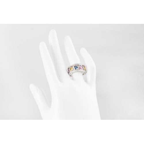 266 - A MULTI COLOURED SAPPHIRE AND DIAMOND RING, the pink, green, blue yellow sapphires within a diamond ... 