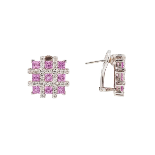 283 - A PAIR OF DIAMOND AND PINK SAPPHIRE EARRINGS, of lattice form, mounted in 18ct gold