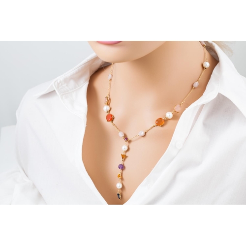 322 - A CITRINE, PEARL, QUARTZ AND RUBY NECKLACE, comprising stones and beads linked by 18ct gold chain