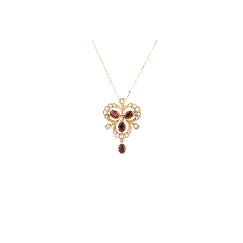 4 - A SUITE OF GARNET AND PEARL JEWELLERY, comprising a tri cluster drop pendant, together with a  match... 